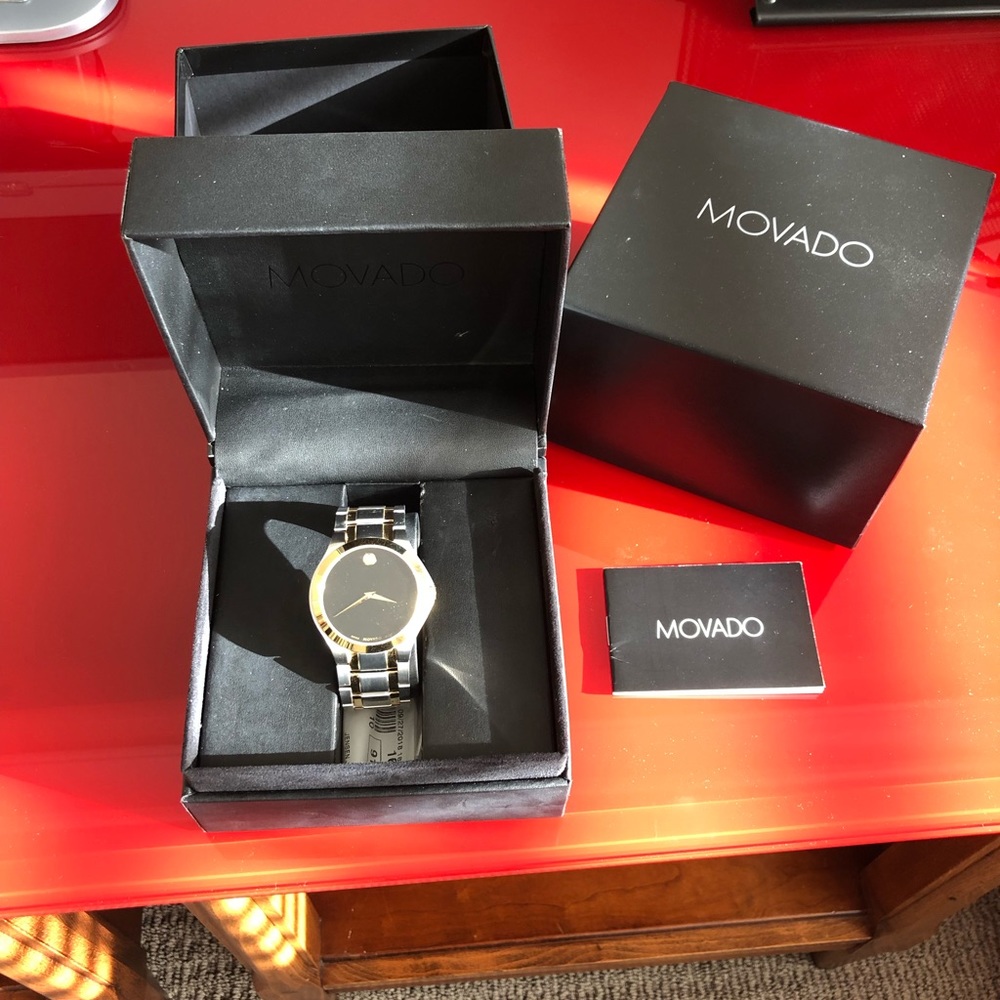 Men’s Movado Watch -Black Face, Gold & Silver Band